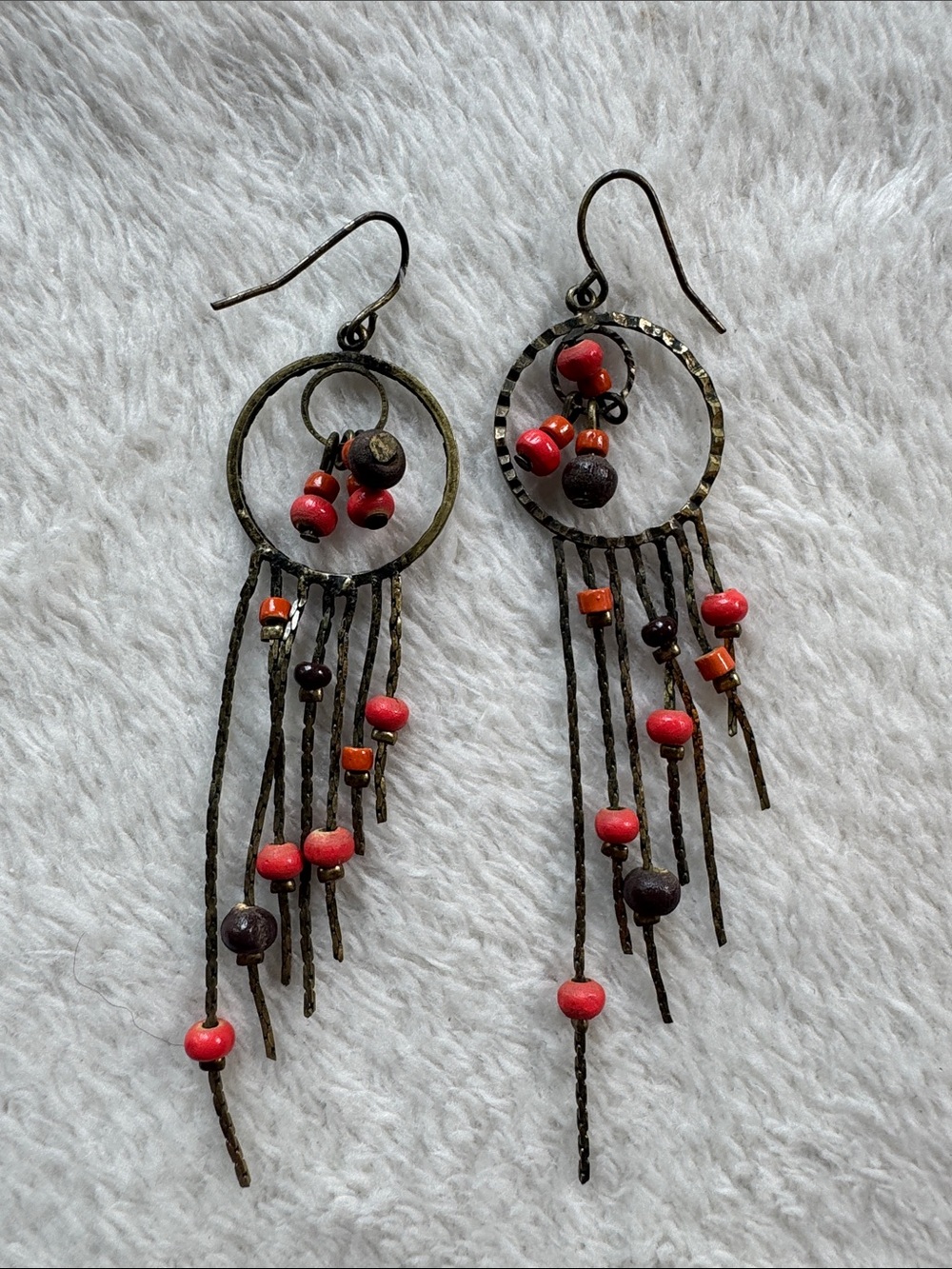 Bohemian Red Beaded Fringe Hoop Earrings - Unbranded